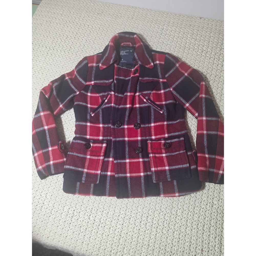 American Eagle Peacoat Women Large Red Plaid Wool Blend Double Breasted Jacket